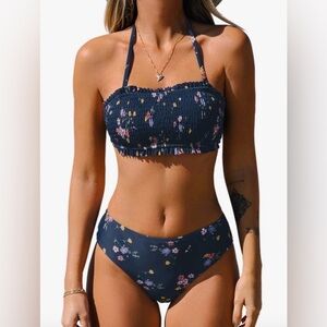 Cupshe Navy Floral Smocked Bandeau Bikini with Halter Strap